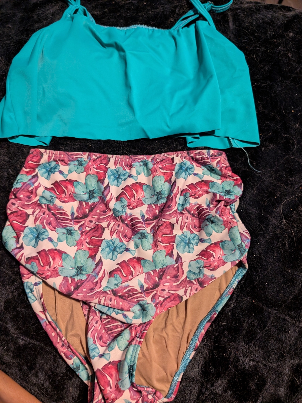 Girls' Teal Swim Top and Floral High-Waist Bottoms Set